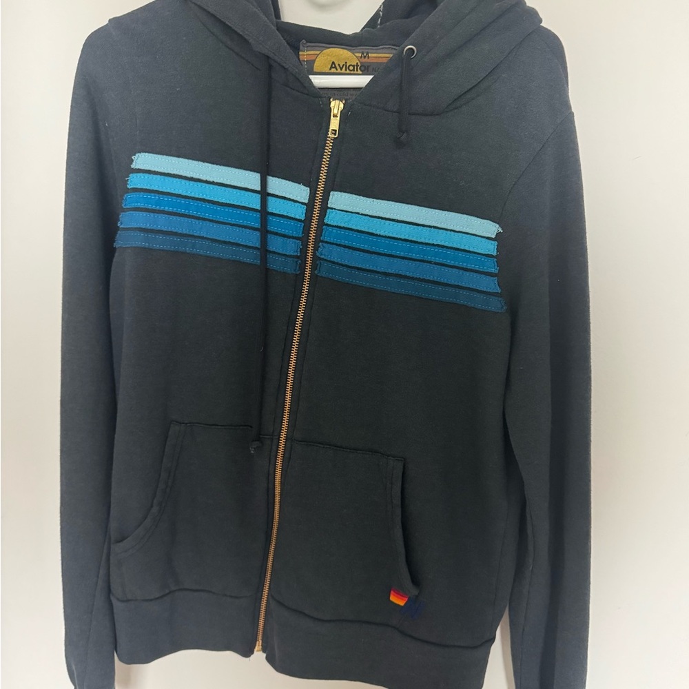 Aviator Nation Men's Charcoal Zip-Up with Blue Accents